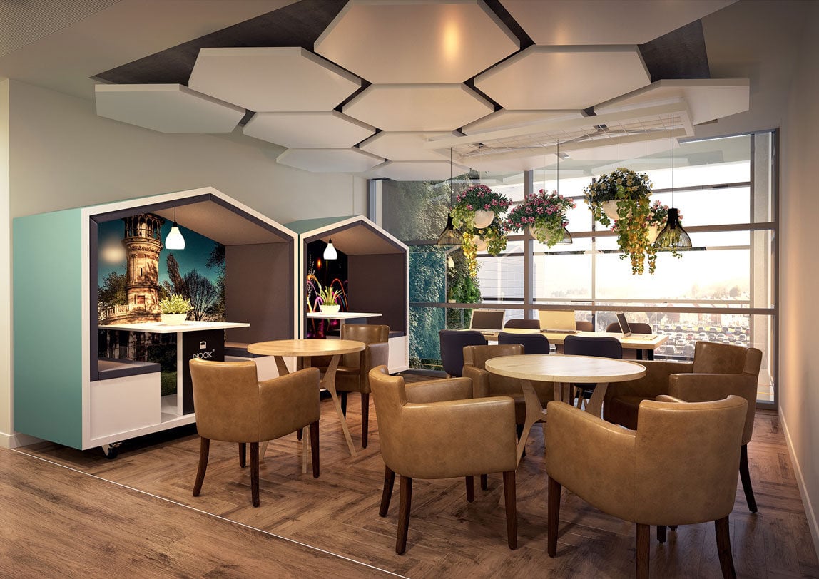 Rendering of Nooks ar Barnsley Digital Media Centre with chairs and tables in the foreground