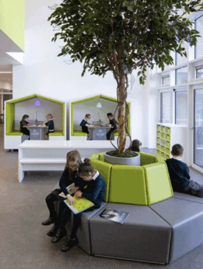 White and green Nooks in a school 